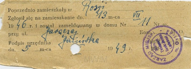 KKE 5439.jpg - Dok. Meldunek wydany przez Zarząd Miejski w Ostródzie dla Jana Małyszko, Ostróda, 5 I 1949 r.
